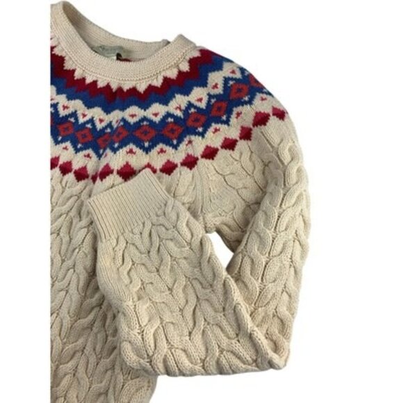 Appleseeds Petite Cable Knit Sweater PM Cream With Multicolor Fair Isle Pattern - Picture 3 of 4